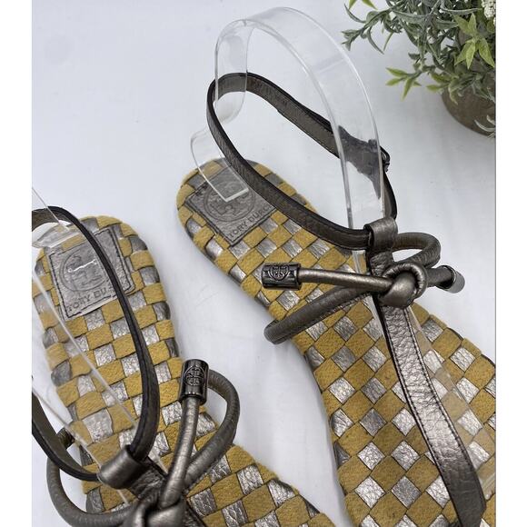 Tory Burch Leather Metallic Thong And Ankle Strap Sandals Sz 10.5M Brazil - Picture 3 of 12